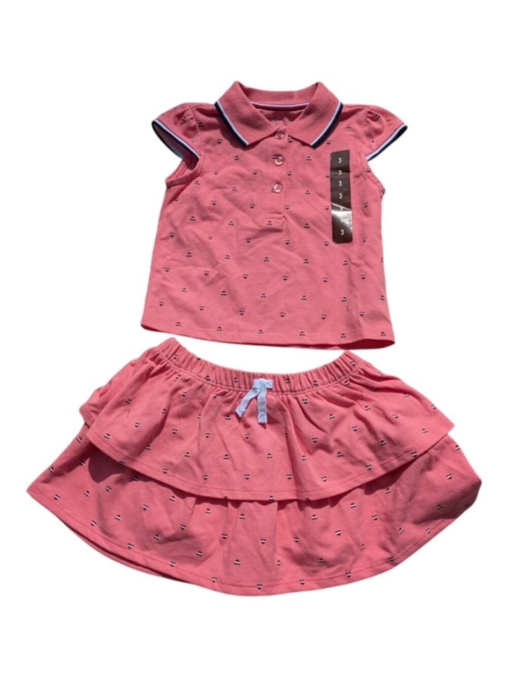 Tommy Hilfiger Toddler Heart Print Polo Top / Tiered Skort Set Dark Pink Size 3